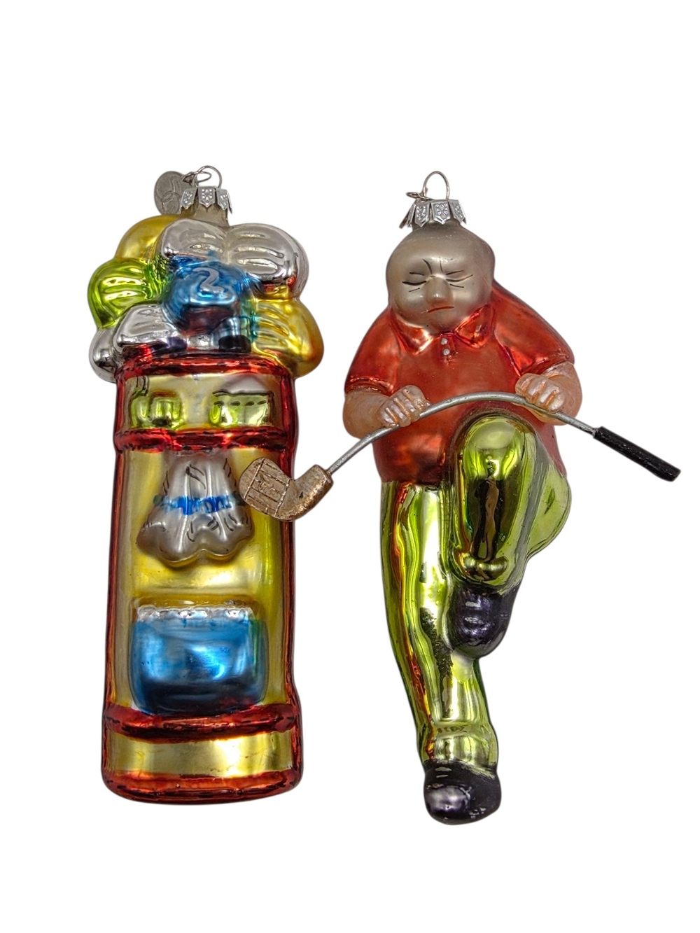 Vintage Lot 2 Blown Glass Christmas Ornaments Golf Golfer Angry Bending Club Bag